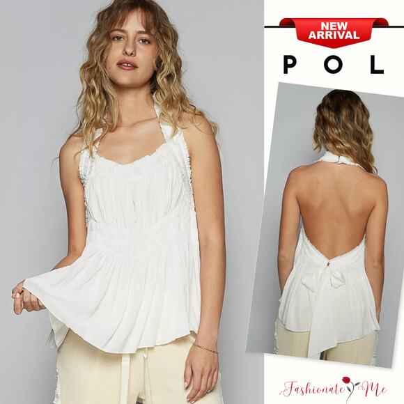 POL Backless Halter Neckline Sleeveless Smocked Shirring Detail Tank Top | White - Picture 1 of 6
